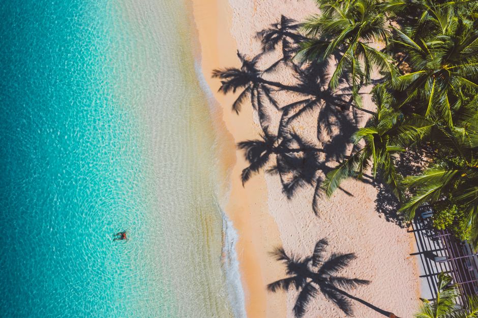 A stunning aerial view of a tropical beach with clear turquoise waters and palm tree shado