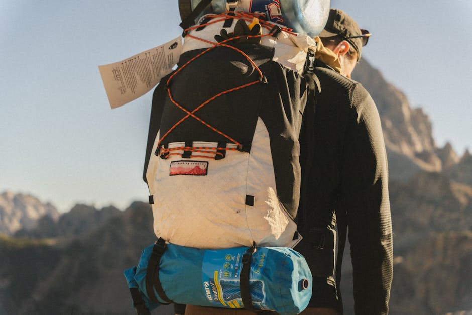 A backpacker with gear on the Teton Crest Trail in Grand Teton National Park, Wyoming.