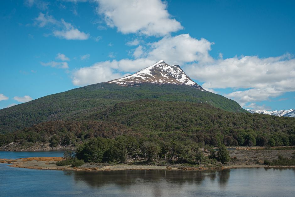 Scenic view of a snow-capped mountain and lush forest in Tierra del Fuego National Park, Argentina.
