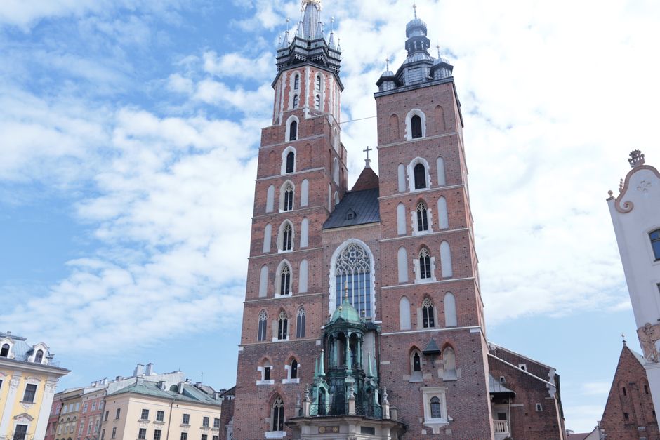 The towers of St Mary's Basilica above Kraków's Main Market Square